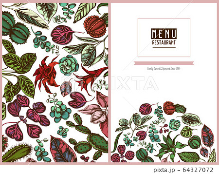 Menu cover floral design with colored ficus, iresine, kalanchoe, calathea, guzmania, cactus Menu cover floral design with colored ficus, iresine, kalanchoe, calathea, guzmania, cactus 64327072