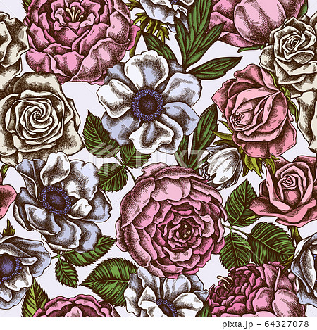 Seamless pattern with hand drawn colored roses, anemone, peony Seamless pattern with hand drawn colored roses, anemone, peony 64327078
