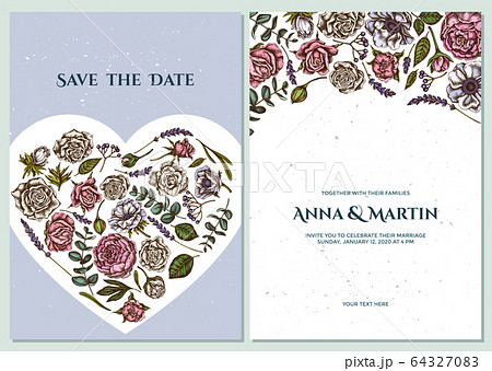 Wedding invitation card with colored roses, anemone, eucalyptus, lavender, peony, viburnum 64327083