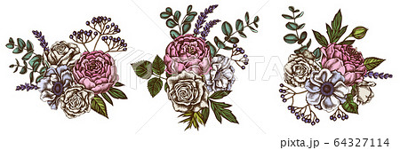 Flower bouquet of colored roses, anemone, eucalyptus, lavender, peony, viburnum 64327114