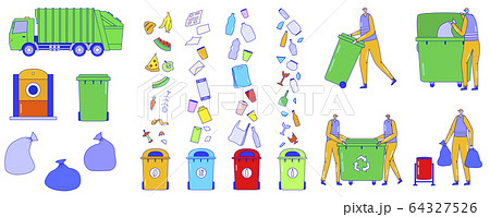 Garbage collection service, sorting trash icons, people flat cartoon characters, vector illustration 64327526