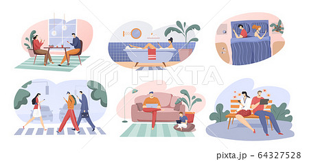 Gadget addiction, people with devices, mobile smartphone and laptop, vector illustration 64327528