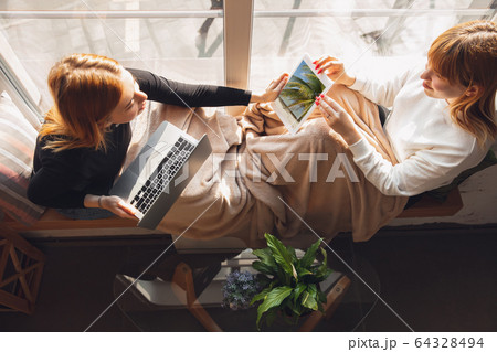 Young friends, women using gadgets to watch cinema, photos, online courses, taking selfie or vlog 64328494