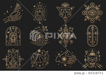 Esoteric symbols. Vector. Thin line geometric badge. Outline icon for alchemy, tarot cards, sacred geometry Mystic, magic design with stars, skull, gate to another world, moon, human skeleton hand Esoteric symbols. Vector. Thin line geometric badge. Outline icon for alchemy, tarot cards, sacred geometry Mystic, magic design with stars, skull, gate to another world, moon, human skeleton hand 64328751