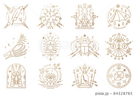 Esoteric symbols. Vector illustration. Outline icon for alchemy, sacred geometry. Mystic, magic design with man in yoga lotus pose, bat wing, chemistry flask, skull, gate, scarab beetle 64328765
