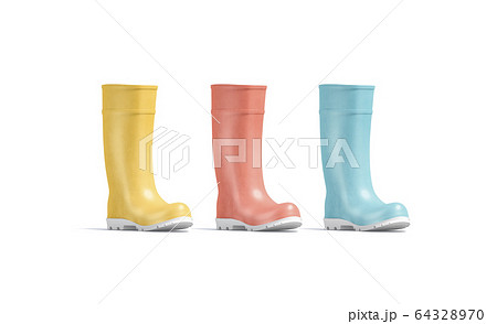 Blank colored rubber wellington boots mockup, half-turned view Blank colored rubber wellington boots mockup, half-turned view 64328970