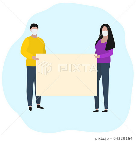 Man and a woman with a large advertising banner in medical masks. Fashion trendy illustration, flat design. Pandemic and epidemic of coronavirus in the world Man and a woman with a large advertising banner in medical masks. Fashion trendy illustration, flat design. Pandemic and epidemic of coronavirus in the world 64329164