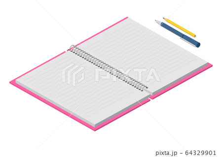Opened notebook with empty pages and pen, pencils Opened notebook with empty pages and pen, pencils 64329901
