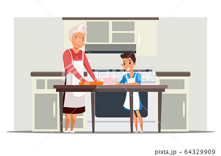 Happy grandma and granddaughter cooking in kitchen 64329909