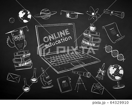 Chalk drawn set of online education items 64329910