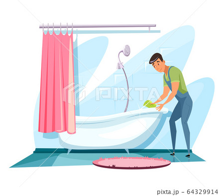 Man washing bathtub flat vector illustration Man washing bathtub flat vector illustration 64329914