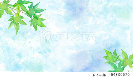 新緑のモミジと水面で構成した夏のイメージ背景 水彩イラストのイラスト素材
