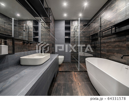Interior of luminous modern bathroom with bronze walls 64331578