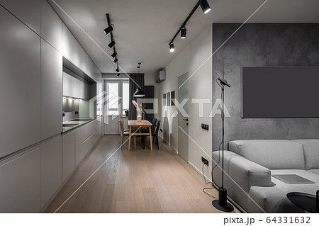 Interior of illuminated modern flat with kitchen zone Interior of illuminated modern flat with kitchen zone 64331632