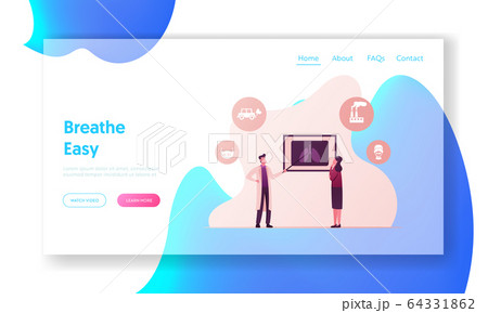 Hazard of Pm 2,5 Dust Pollution Landing Page Template. Professional Doctor Character Show X-ray Image of Lungs to Patient. Medical Staff with Fluorography Image. Cartoon People Vector Illustration 64331862