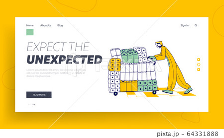 Pandemic Chaos, Global due to Panic Covid 19 Landing Page Template. Store Worker Character in Protective Costume Push Trolley with Packs of Toilet Paper in Supermarket. Linear Vector Illustration 64331888