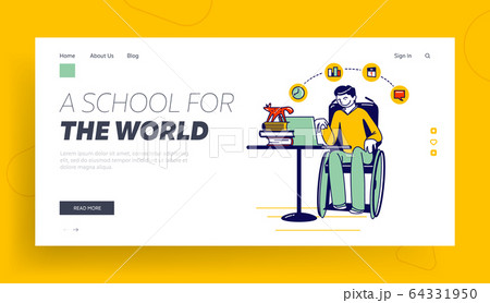 Distant Online Education, Webinar Landing Page Template. Young Man Student Character Work on Laptop Sitting at Desk with Books Piles. Electronics Learning, E-Books Library. Linear Vector Illustration 64331950