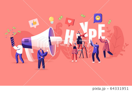Hype, Social Media Viral or Fake Content Spreading Concept. Tiny Male and Female Characters with Huge Letters in Hands and Megaphone. Money Bills Flying around. Cartoon Vector People Illustration 64331951