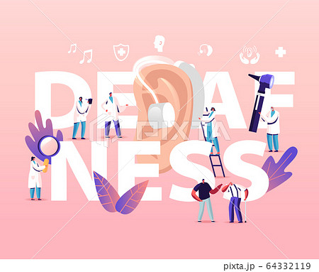 Deafness Concept. Deaf People with Hear Problems Visiting Doctor Audiologist for Ears Treatment. Senior Disabled Characters Using Hearing Aid, Medical Poster Banner Flyer Cartoon Vector Illustration Deafness Concept. Deaf People with Hear Problems Visiting Doctor Audiologist for Ears Treatment. Senior Disabled Characters Using Hearing Aid, Medical Poster Banner Flyer Cartoon Vector Illustration 64332119