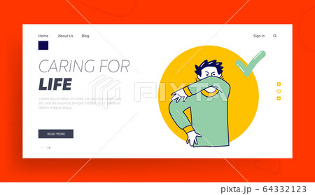 Right Way to Sneeze to Prevent Virus Infection Landing Page Template. Male Character Sneezing and Coughing Into his Arm or Elbow to Prevent Spread Covid-19 Infection. Linear Vector Illustration Right Way to Sneeze to Prevent Virus Infection Landing Page Template. Male Character Sneezing and Coughing Into his Arm or Elbow to Prevent Spread Covid-19 Infection. Linear Vector Illustration 64332123