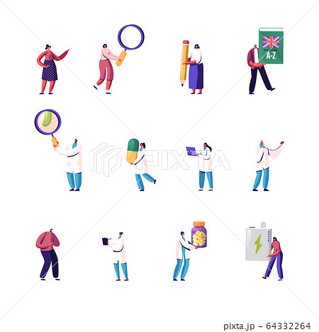 Set Male and Female Characters Students Pass English Grammar Test. Medic Job, People in White Labcoat with Medicine. Doctor, Patient Isolated on White Background. Cartoon Vector Illustration, Clip Art 64332264