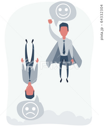 Businessman superhero flies up and leaves others down. Super worker in the cloak takes off. 64332304