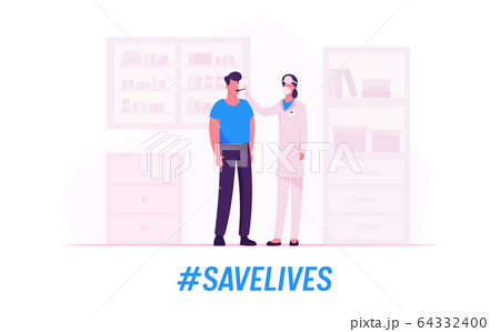Man Visit Otolaryngologist Practitioner in Hospital. Doctor Character in Medical Mask, Gown and Frontal Reflector on Head Examine Patient Throat, Covid19 Check Up. Cartoon People Vector Illustration 64332400