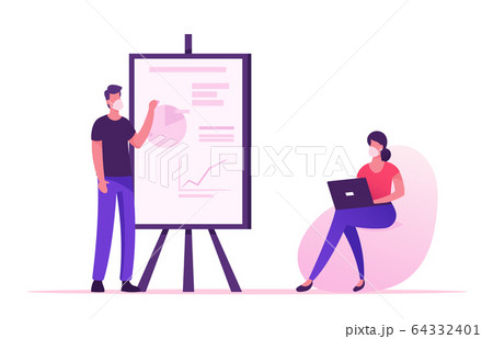 Business Characters Wearing Medical Masks Meeting in Conference Room or Seminar during Covid19 Quarantine. Trainer Stand at Whiteboard with Data Analysis Charts. Cartoon Vector People Illustration 64332401