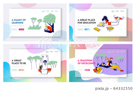 Students Studying Website Landing Page Set. Boys and Girls Reading Books and Working on Laptops at College 64332550