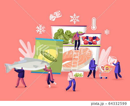Frozen Food Concept. Tiny Male and Female Characters Buying and Cooking Natural Iced Products Fresh Vegetables Frozen Food Concept. Tiny Male and Female Characters Buying and Cooking Natural Iced Products Fresh Vegetables 64332599