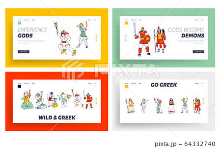 Powerful Ancient Greek Gods and Goddess Landing Page Template Set. Zeus Poseidon Hephaestus, Vulcan Apollon 64332740
