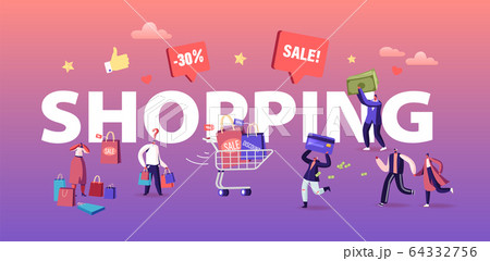 Buyers Have Shopping Fun Concept. Seasonal Sale with Discount Coupons. Cheerful Shopaholic People with Trolley 64332756