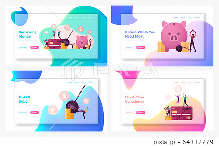 Credit Card Slavery Finish, Finance Freedom Landing Page Template Set. Happy People Cutting Chains at Huge Piggy Bank 64332779