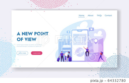 App for Tourists Landing Page Template. Happy People Go Travel Booking Tickets and Hotel Using Mobile Phone 64332780