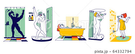 Happy Male and Female Characters Take Shower in Bathroom and Sing. People Washing and Having Fun 64332794