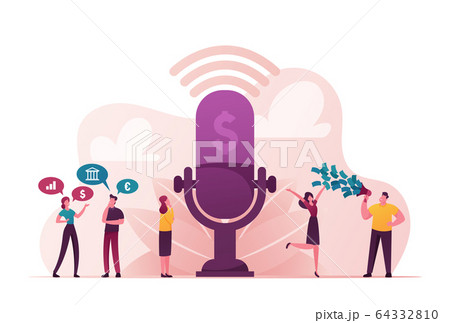 Group of People Stand near Huge Microphone with Dollar Sign Communicate and Discussing Financial Deals 64332810