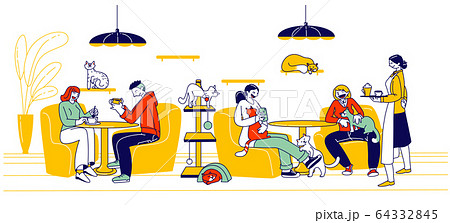 People Visit Cat Cafe. Male and Female Characters Sitting at Tables Drinking Beverages with Kittens Playing and Relaxing 64332845