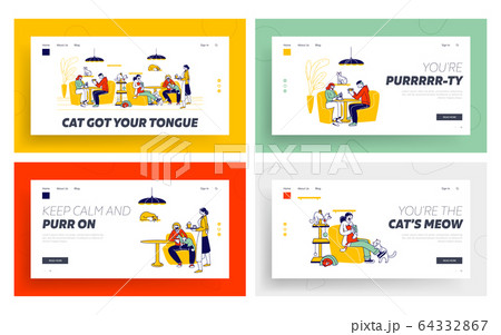 Young People Visiting Modern Cat Cafe Landing Page Template Set. Characters Playing with Kittens Sitting at Tables 64332867