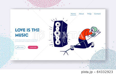Artist Singing at Music Event or Concert Website Landing Page. Man on Stage Performing Rock Composition in Karaoke Bar Artist Singing at Music Event or Concert Website Landing Page. Man on Stage Performing Rock Composition in Karaoke Bar 64332923