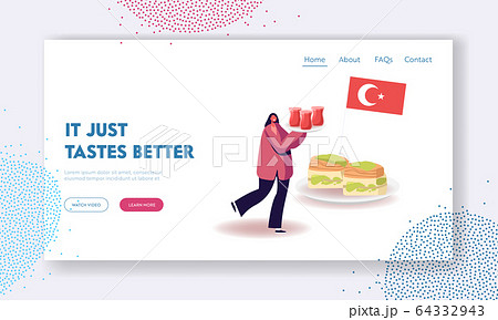 Tourist Visiting Oriental Restaurant, Cooking Workshop Class Website Landing Page. Woman Carry Tray with Tea Tourist Visiting Oriental Restaurant, Cooking Workshop Class Website Landing Page. Woman Carry Tray with Tea 64332943