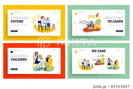Logopedist Practicing with Kids Website Landing Page Set. Doctor Looking on Tongue of Little Baby with Dyslexia Problems 64333007