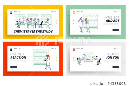 Chemistry Scientists Work in Lab Landing Page Template Set. Chemist Characters in Lab Clothing and Safety Glasses 64333008