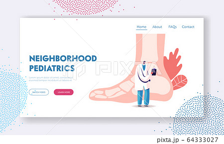 Orthopedy and Podiatry Medical Healthcare Landing Page Template. Doctor Podiatrist Character Stand at Huge Foot Orthopedy and Podiatry Medical Healthcare Landing Page Template. Doctor Podiatrist Character Stand at Huge Foot 64333027