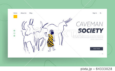 Ancient Period of Human Civilization Landing Page Template. Little Child Caveman Character Wearing Pelt Painting Animals 64333028