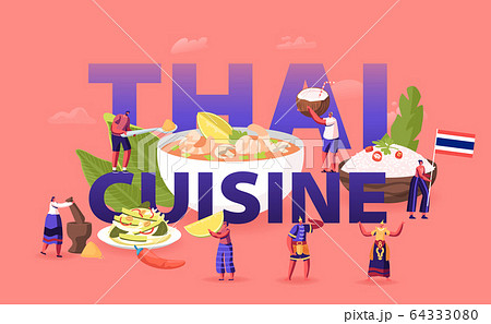 Thai Cuisine Concept. Tiny Male Female Characters Tourists and Native Dwellers Eating and Cooking Thai Cuisine Concept. Tiny Male Female Characters Tourists and Native Dwellers Eating and Cooking 64333080