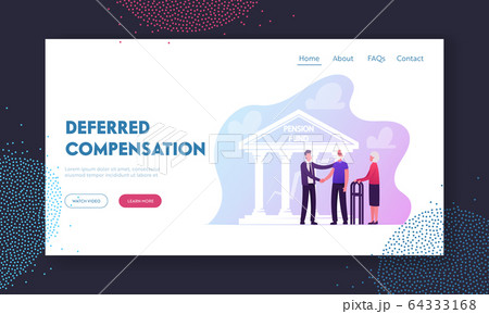 Aged Couple Consulting with Pension Insurance Agent Landing Page Template. Characters Shaking Hand 64333168