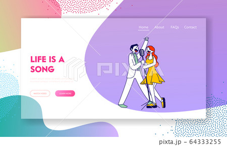 Corporate Party Celebration Website Landing Page. Cheerful Couple Singing Song with Microphone in Karaoke Bar 64333255