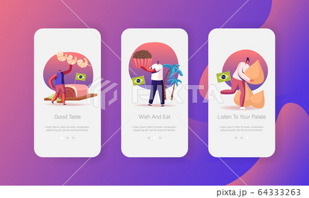 Brazilian Food Mobile App Page Onboard Screen Template. Tiny People Characters Hold Traditional Brazil Huge Shrimps Brazilian Food Mobile App Page Onboard Screen Template. Tiny People Characters Hold Traditional Brazil Huge Shrimps 64333263