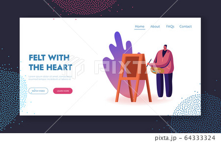 Choose Profession by Heart Landing Page Template. Artist Male Character with Paints and Brush Stand at Easel Canvas 64333324