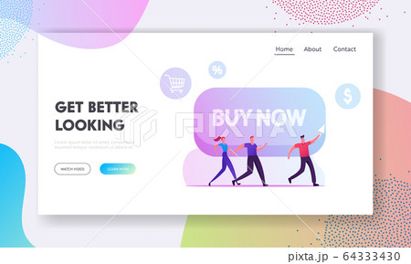 Black Friday, Total Sale Website Landing Page. Couple Following Man with Cursor Arrow in Hand Passing by Huge Button 64333430